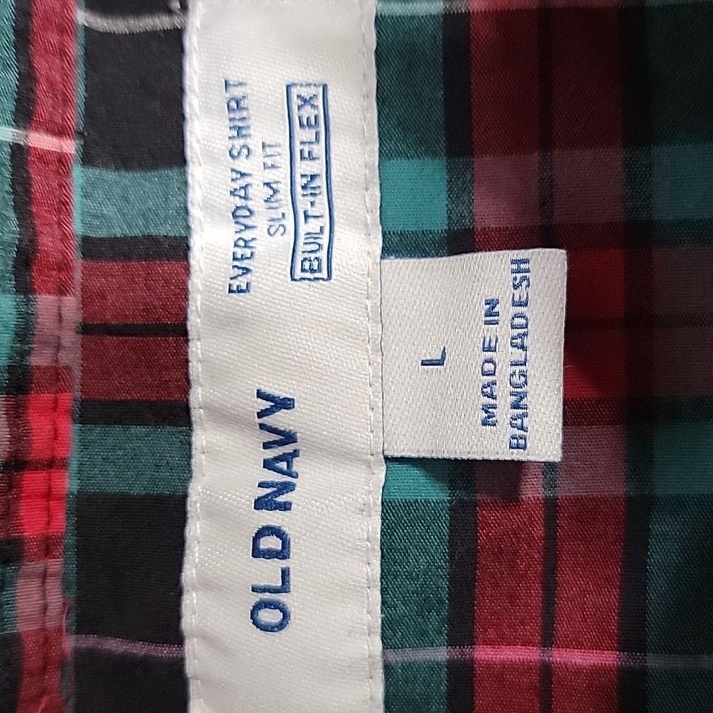 Old Navy Size L Red, Black, Green Plaid Everyday Shirt, Slim Fit, Built In Flex - Picture 8 of 10
